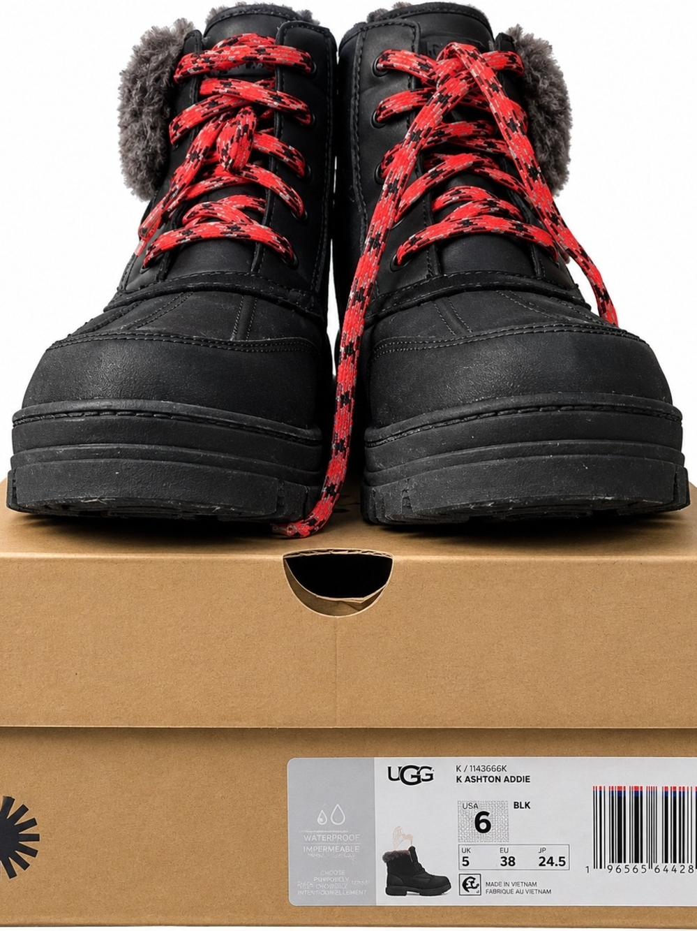 UGG Ashton Addie Black Winter Lace-Up Boots with Red Laces